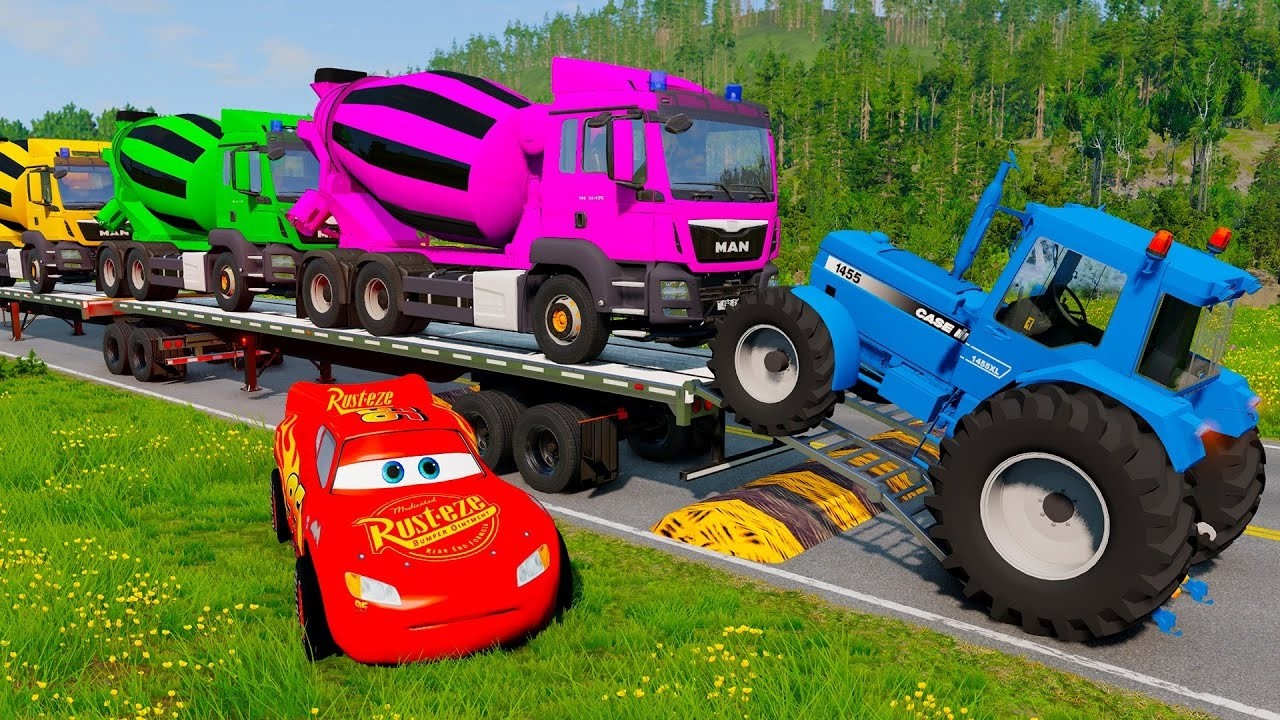 TRANSPORTING PIXAR CARS & FRUITS WITH COLORED & JOHN DEERE vs CLAAS vs TRACTORS - BeamNG.drive #983