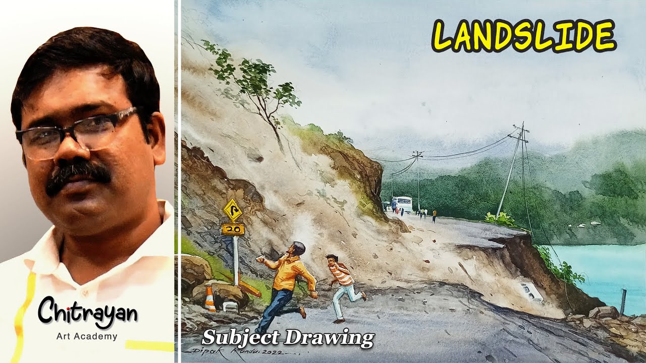 Landslide Drawing Watercolor | Natural Disaster Drawing | How To Draw Landslide Drawing Step By Step
