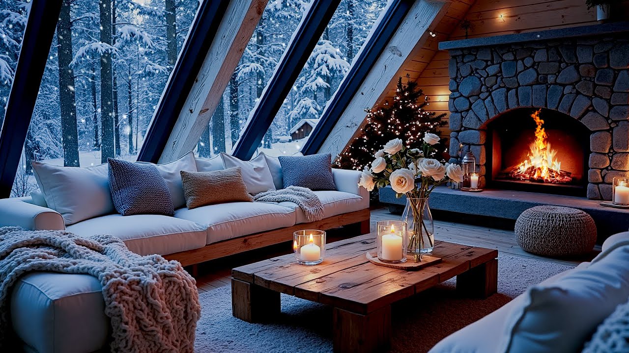 Winter Piano by the Fireplace ❄️ White Room with Snowy View | 5 Hours Calm Music & Relaxation