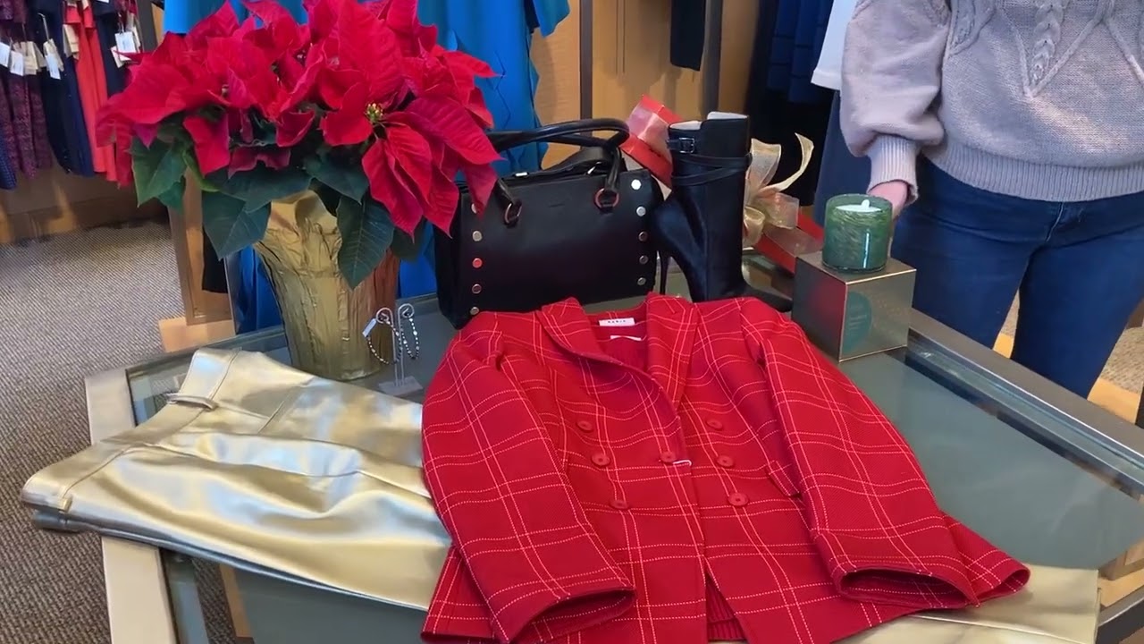 Akris red with hot pink jacket and liquid gold pant at Larrimors in Pittsburgh