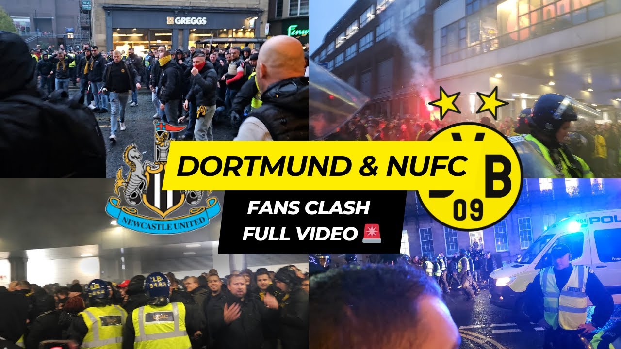 Newcastle United vs Borussia Dortmund Fans Clash in Newcastle centre - FULL VIDEO - Champions League