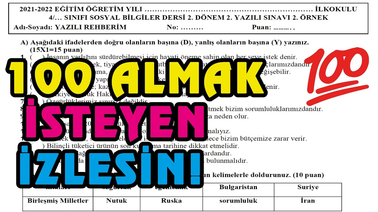 4. Sınıf Sosyal Bilgiler 2. Dönem 2. Yazılı | 2. Örnek 2022