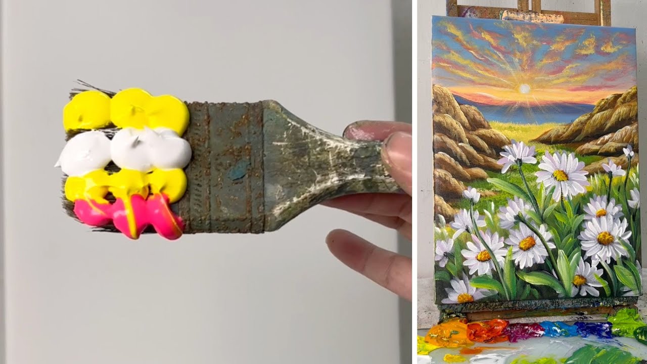 How to Paint Daisy Flowers and Sunrise Landscape | Acrylic Painting for Beginners