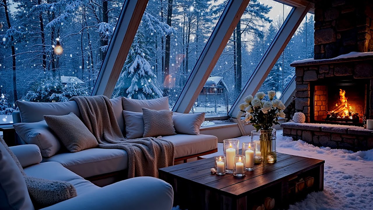 Cozy Winter Piano in a White Room ❄️🎶 | Snowy Window & Fireplace Ambience ,Meditation (5 Hours)