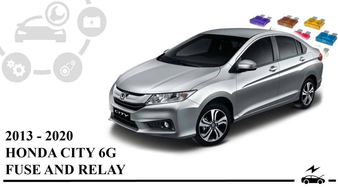 Схема блока предохранителей и реле Honda City 6G 2013-2020 с указанием их назначения и расположения.