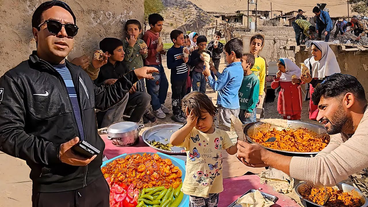Distribution of delicious food among the village children by Mahmoud and Aghil