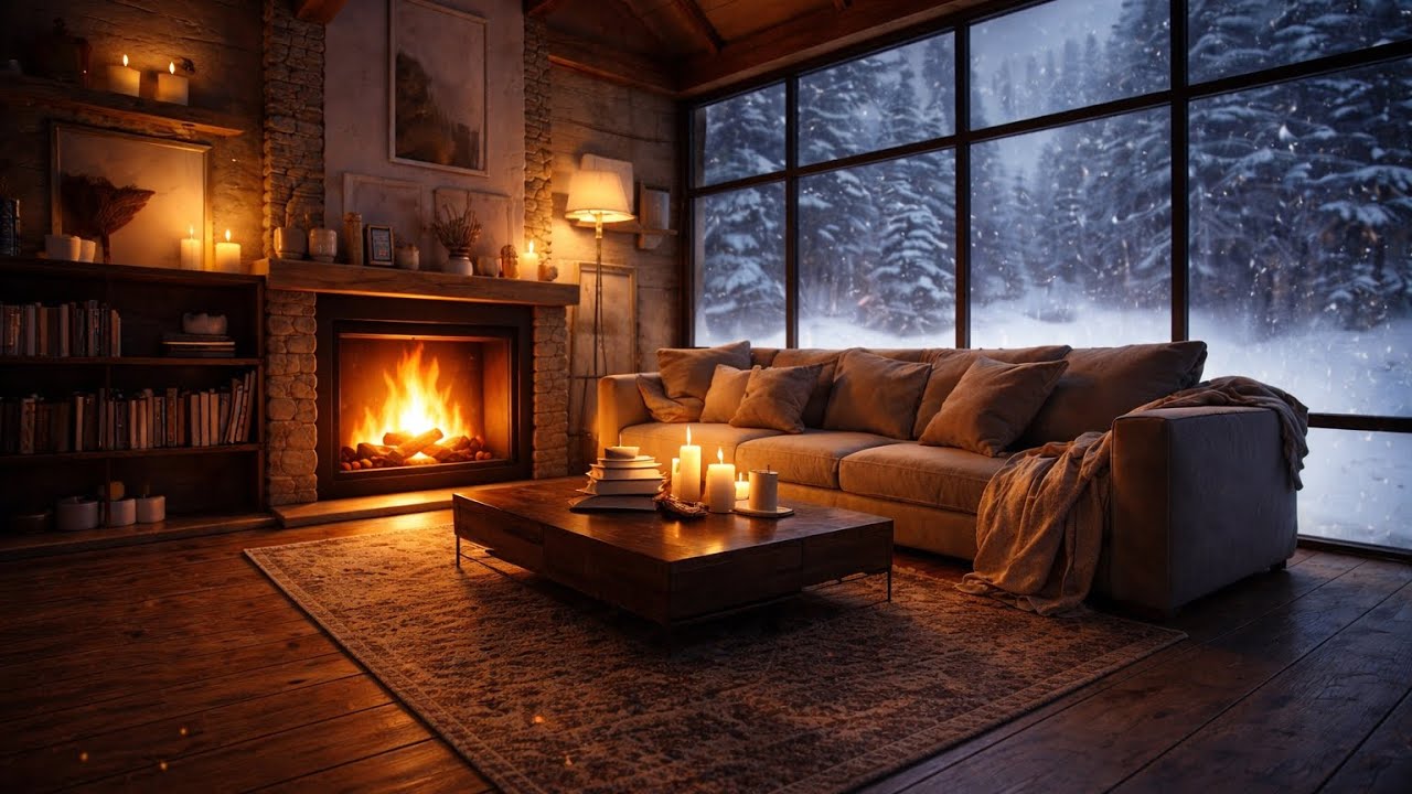 Cozy Winter Cabin Fireplace Ambience ❄️ Crackling Fire, Snowstorm Outside | 2 Hours Relax & Sleep