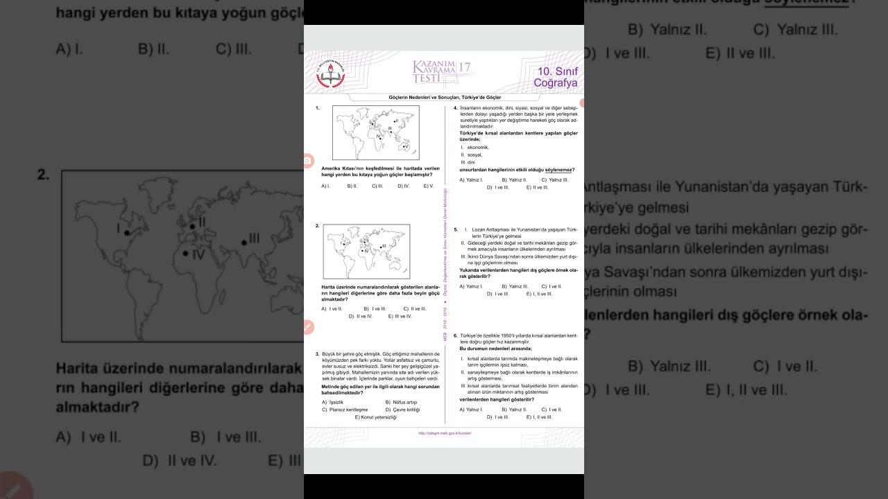 10. Sınıf MEB kazanım testi 17 (Göçlerin Nedenleri ve Sonuçları ,Türkiyede Göçler)