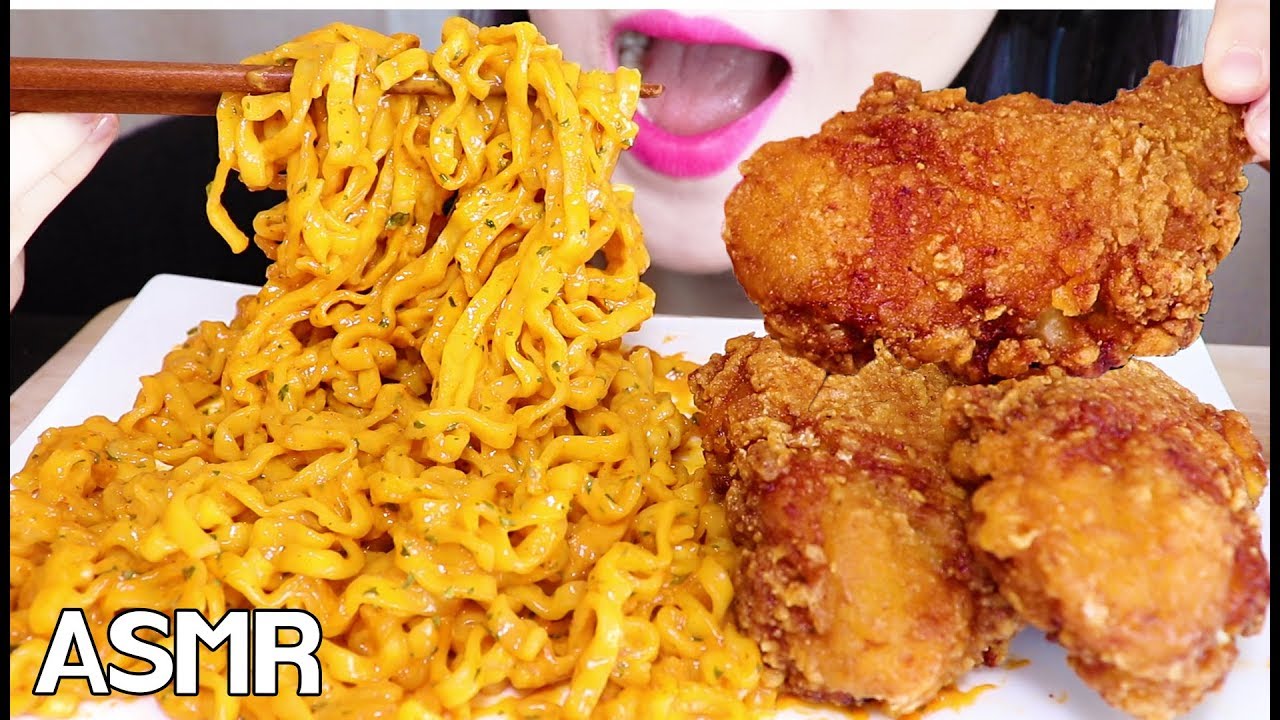 ASMR FRIED CHICKEN + CARBO FIRE NOODLES 후라이드 치킨 + 까르보 불닭볶음면(EATING SOUNDS) NO TALKING MUKBANG