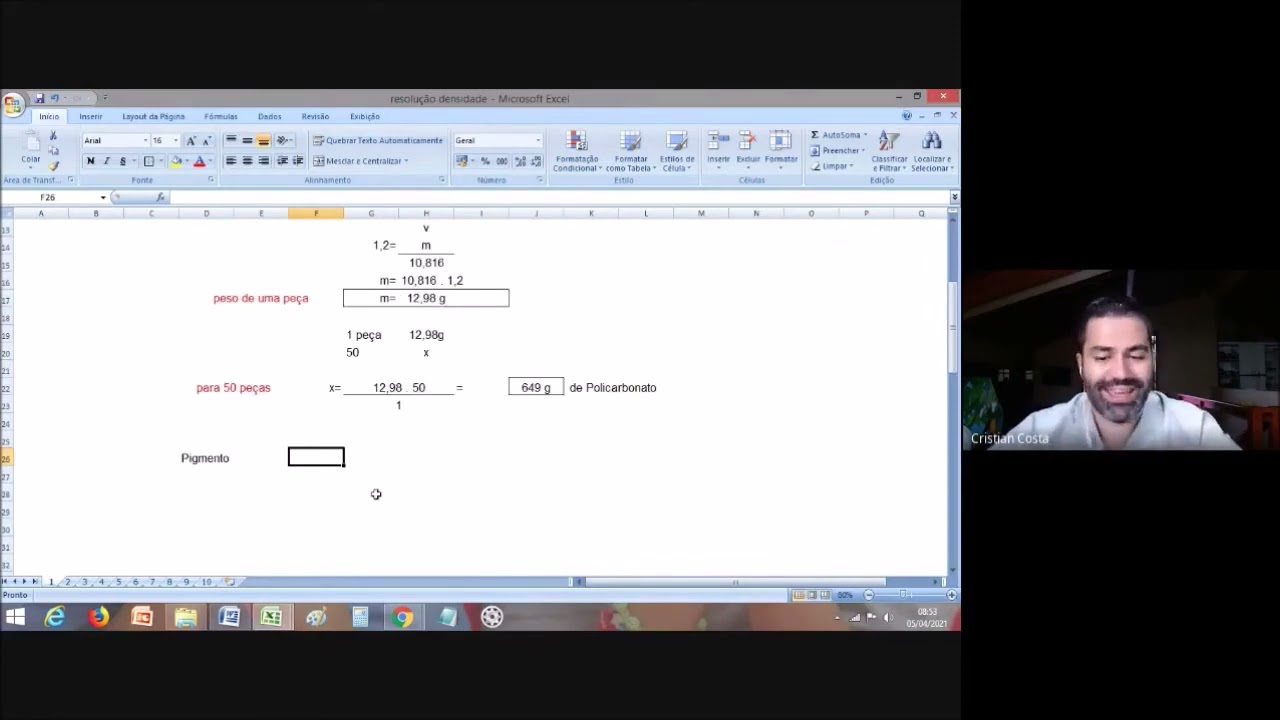 Cálculo da quantidade de matéria prima e aditivos