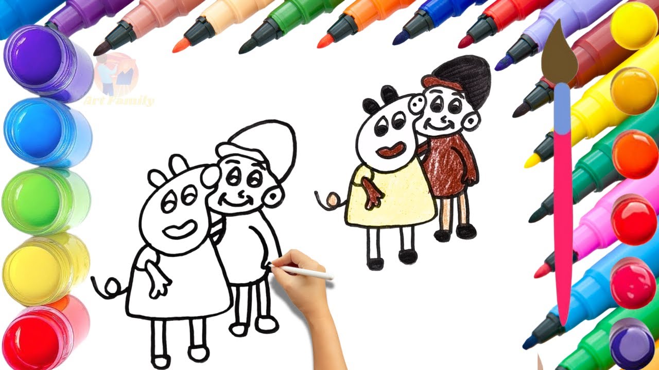 How To Draw cute Peppa Pig With Boy Drawing, Painting & Coloring For Kids and Toddlers_🌈🎨