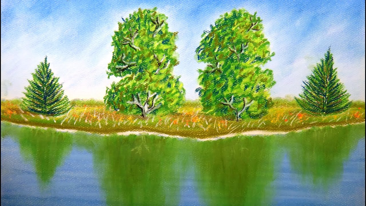 How to draw landscape with trees and reflection on water - Time Lapse - Pastel Painting