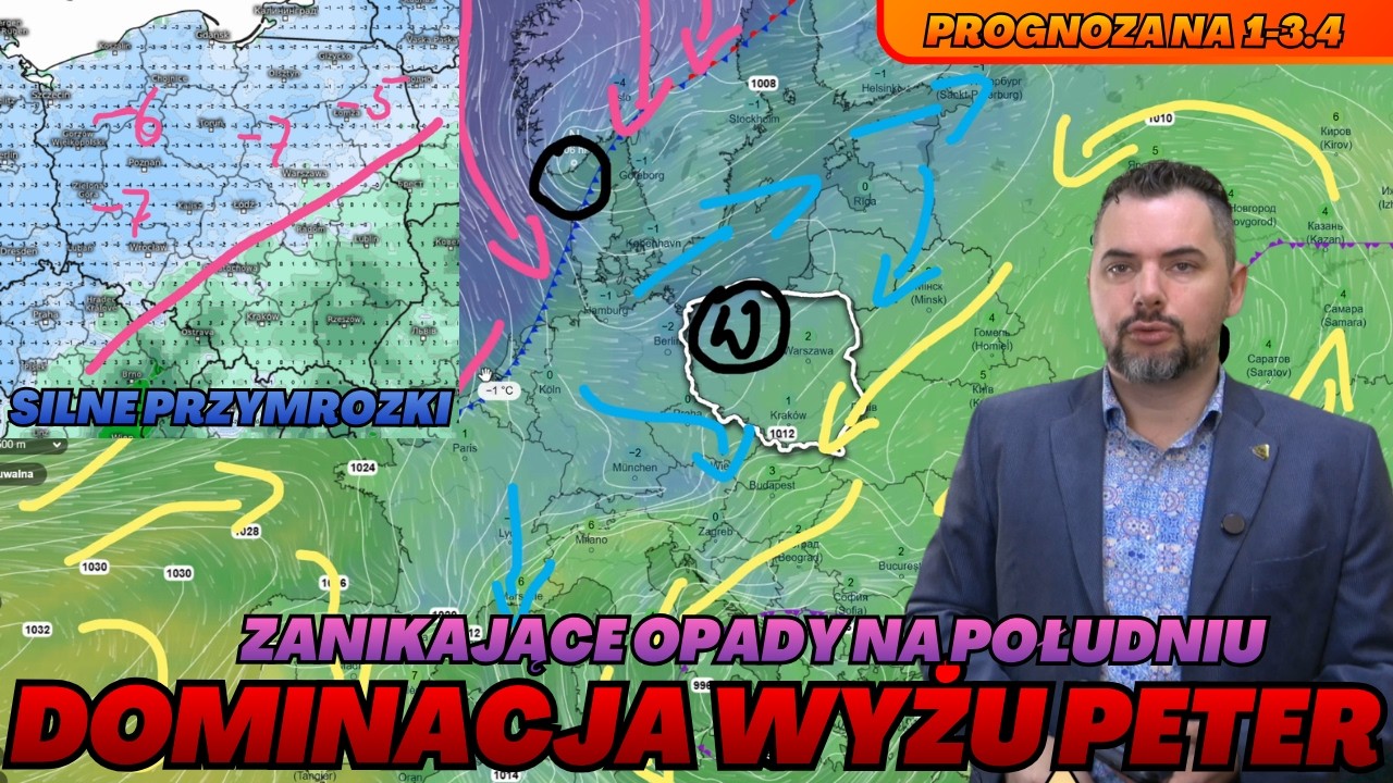 Silne przymrozki w nocy. Do -7&deg;C. Zanikające opady deszczu i śniegu. Dominacja wyżu Peter. Prognoza.