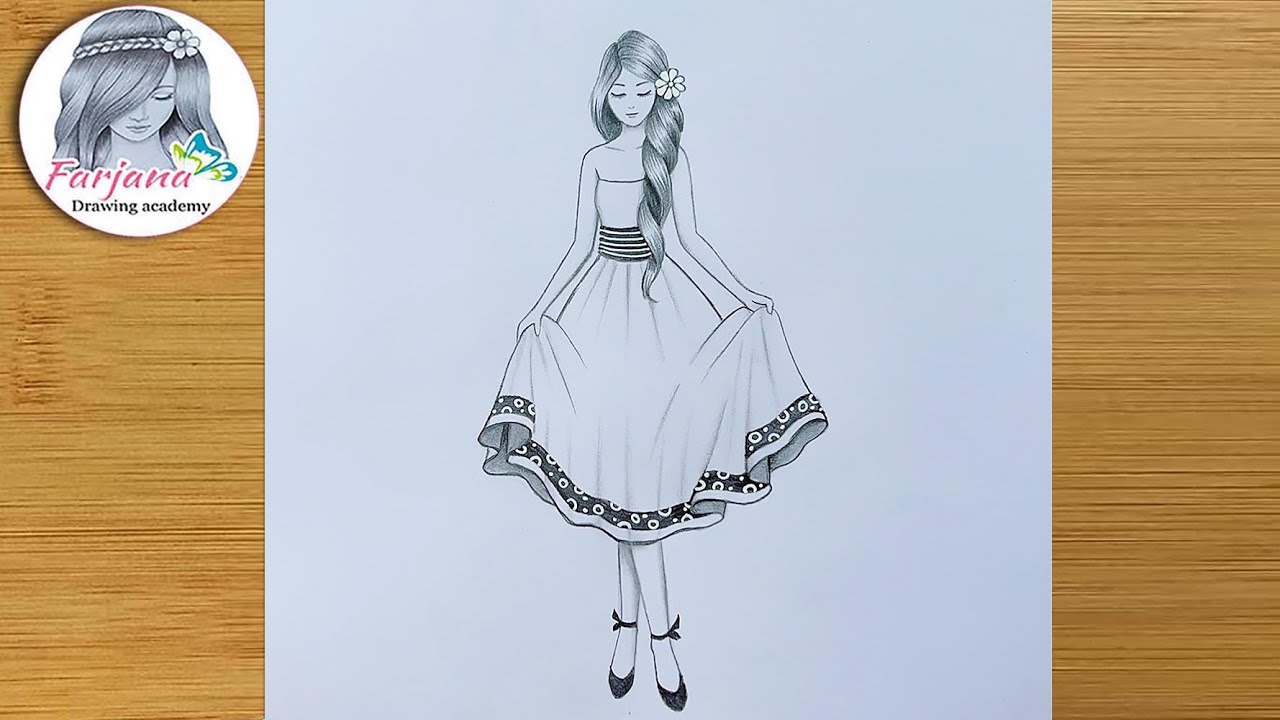 A girl with beautiful dress -Pencil sketch for beginners || How to draw a fashion girl -Art Tutorial