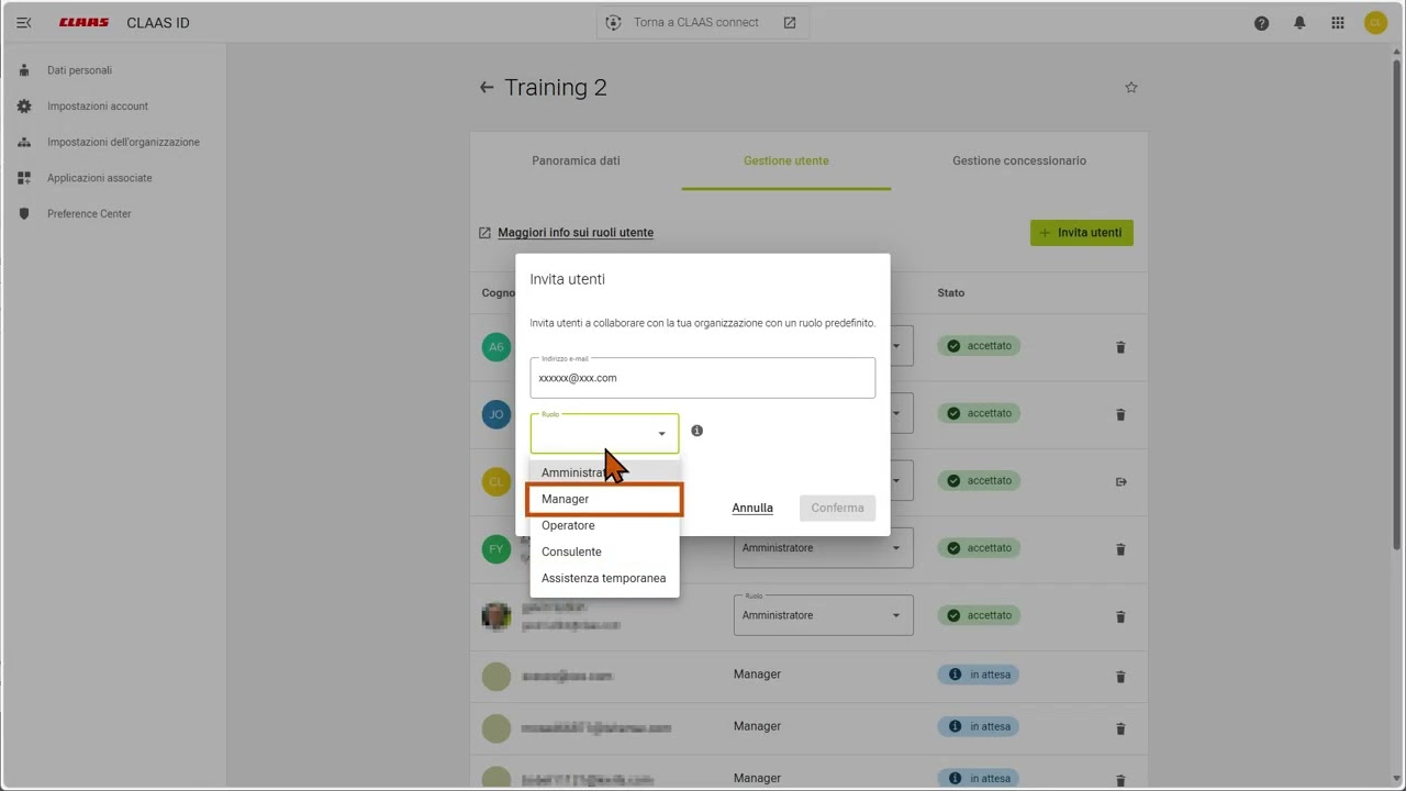 CLAAS connect - Come invitare gli utenti in un'organizzazione