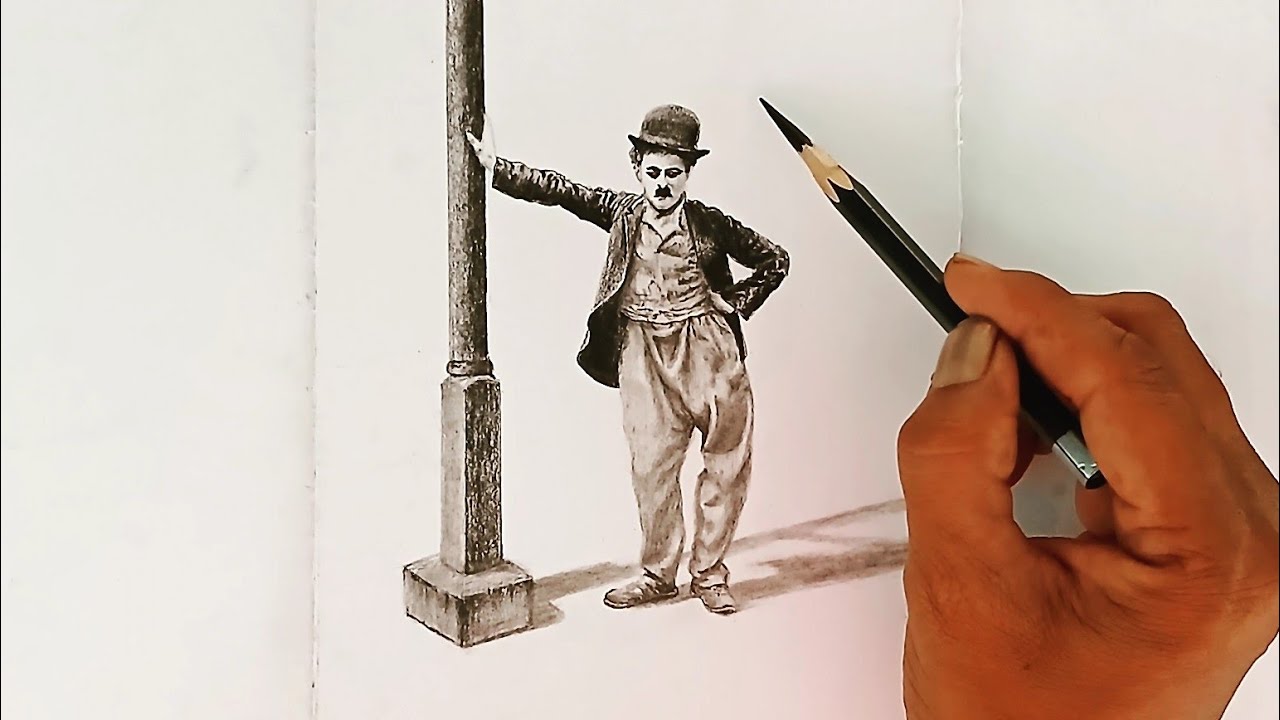 Charcoal pencil drawing of Charlie Chaplin with easy ways.