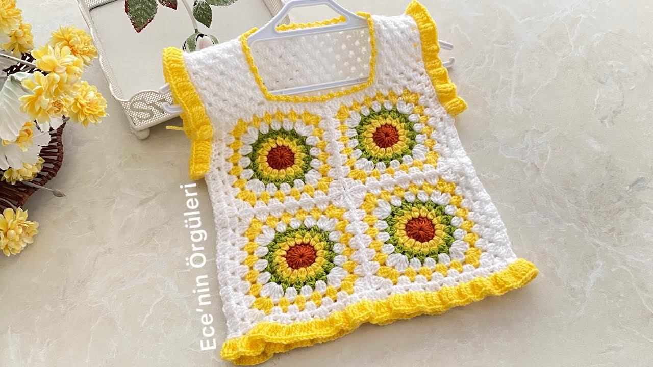 Crochet Easy Motif Baby Girl Sweater Vest /Tığ işi Kolay Motifli Kız Bebek Süveter yelek / 6 ay