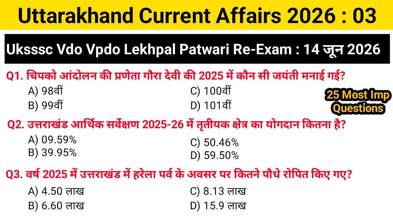 Uttarakhand current affairs 2026 | 25 most important mcqs | Uksssc vdo patwari re-exam 14 june 2026