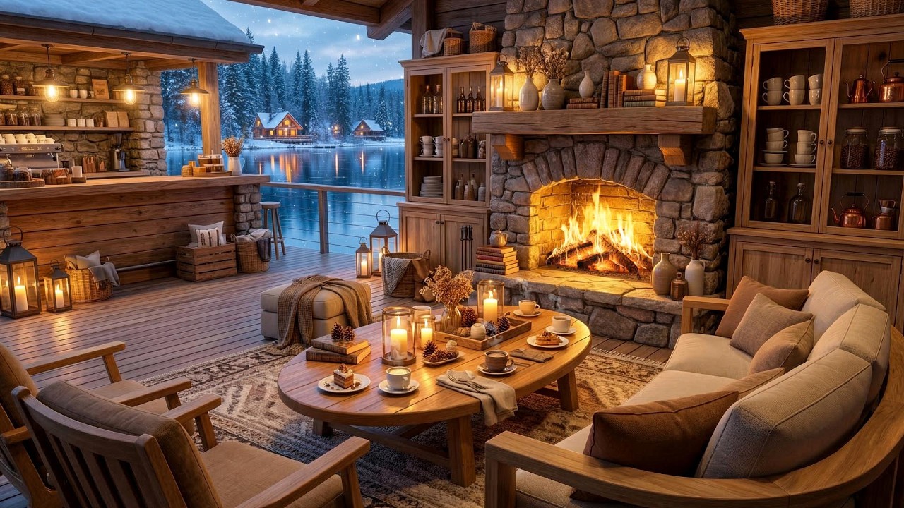 Relaxing Jazz Café ❄️ Snow Outside & Cozy Fireplace Ambience