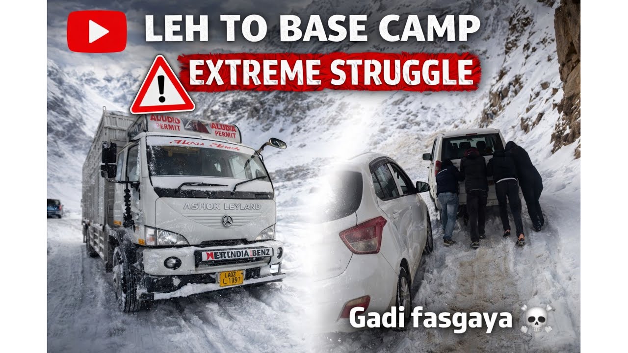 Leh to base camp truck ly k #lehladakh #nubra #khardunglatop #snowfall #truckdriver #driverli 
