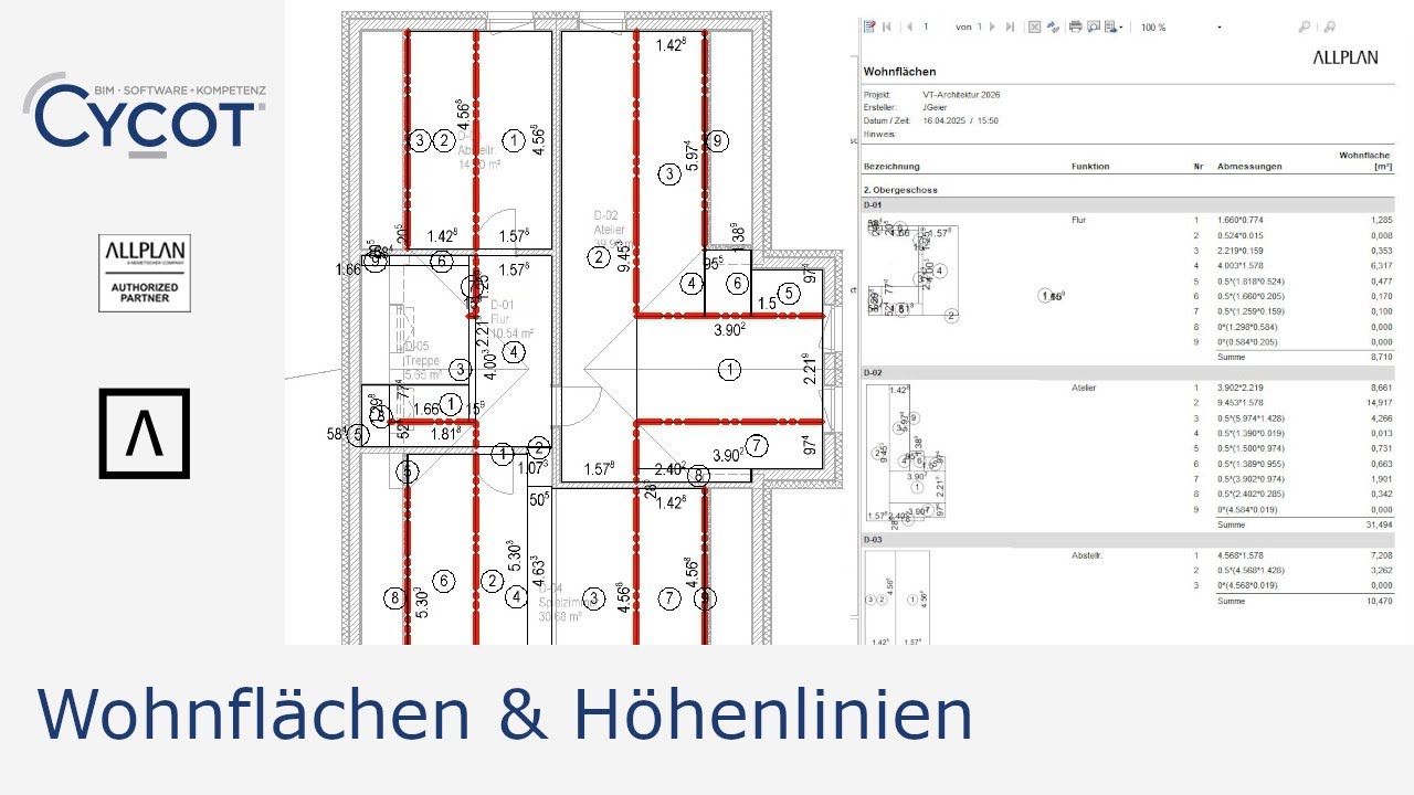 Wohnflächenberechnung mit Höhenlinien in Allplan