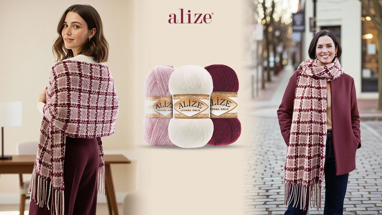 Alize Angora Gold ile Zincirli Ekose Şal