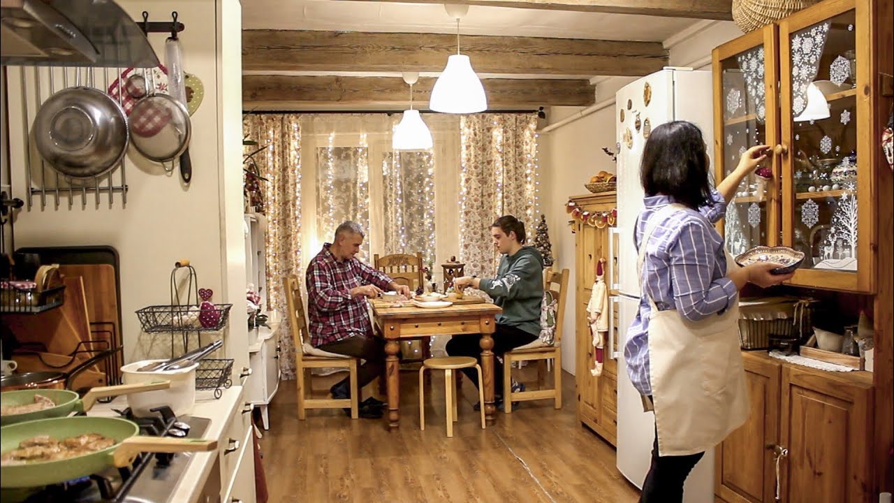 New Year's Eve Dinner in the Countryside. Cooking Traditional Dishes with the Whole Family