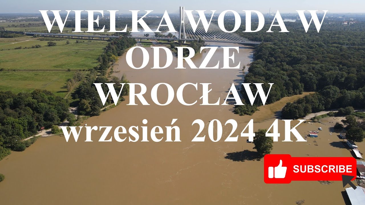 Wielka woda w Odrze we Wrocławiu z lotu ptaka 4K, wrzesień 2024. Great water in the Odra River.