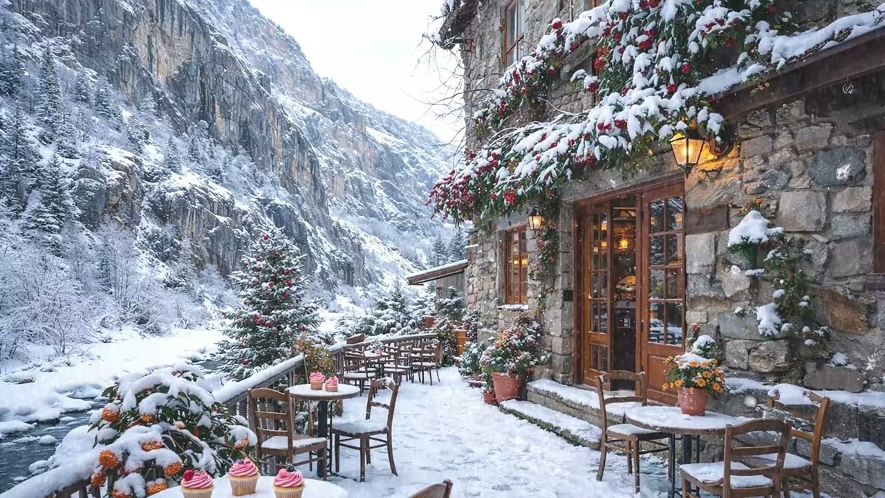 Snowy Mountain Café Ambience ☕❄️ Relaxing Snowfall Ambience & Christmas Atmosphere