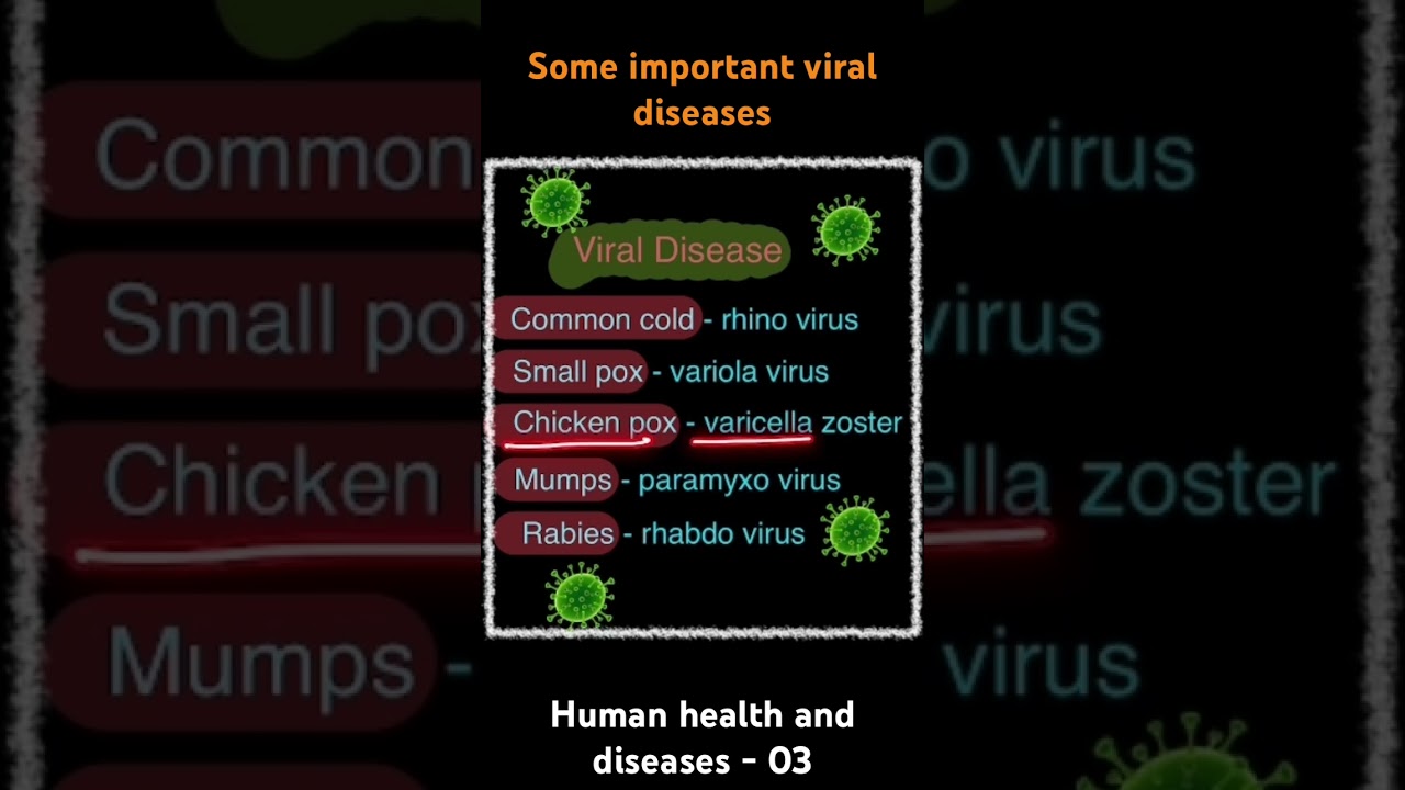 Viral disease l virus l common cold l small pox l chicken pox l mumps l rabies l dengue l 