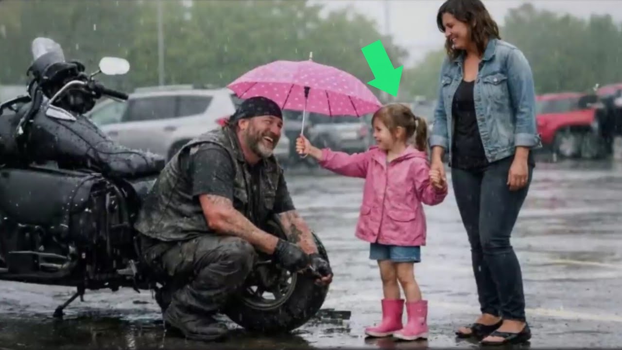 Little Girl Held An Umbrella Over a Biker Fixing His Harley - What Happened Next Shocked Everyone.