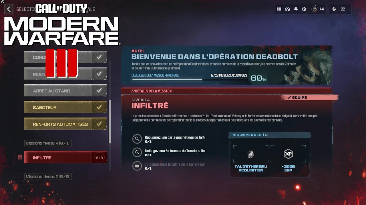 INFILTRÉ NIVEAU 4 ACTE 1 OPÉRATION DEADBOLT - MWZ MODE ZOMBIE - CALL OF DUTY MODERN WARFARE 3