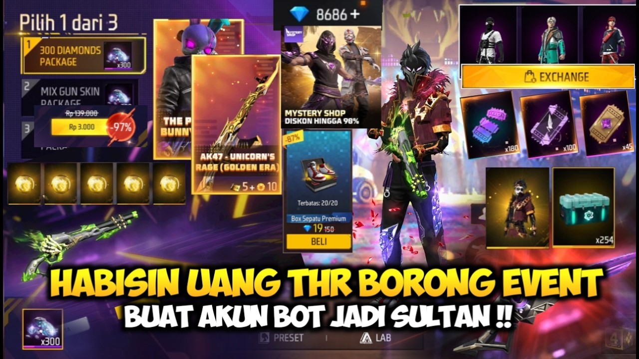 RELA HABISIN UANG THR BUAT BORONG SEMUA EVENT FREE FIRE! SPIN EVENT FF TERBARU PAKAI DISKON