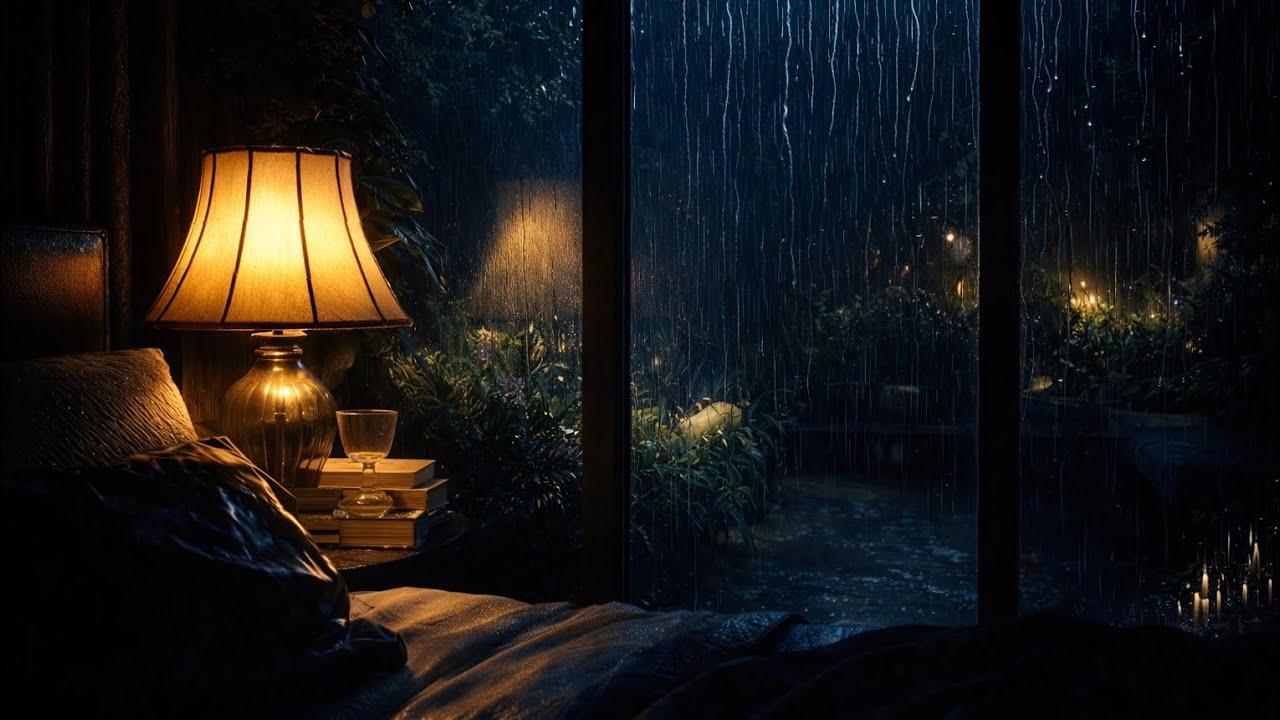 Heavy Rain on Window at Night 🌧️ Cozy Bedroom with Warm Lamp (30 Minutes No Thunder)