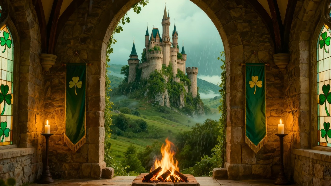 Drift Off in a Cozy Castle 🏰 St. Patrick's Day Rain & Fireplace Ambience