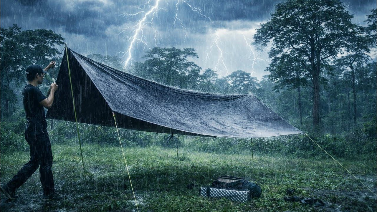 CAMPING IN NON STOP HEAVY RAIN AND THUNDERSTORM - HEAVY RAIN IN THE TARP - CAMPING BEYOND THE RAIN