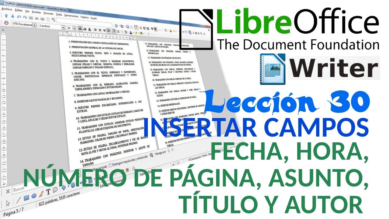 Tutorial LibreOffice Writer - 30/40 Insertar campos. Fecha, Hora, Nº Página, Asunto, Título y Autor.