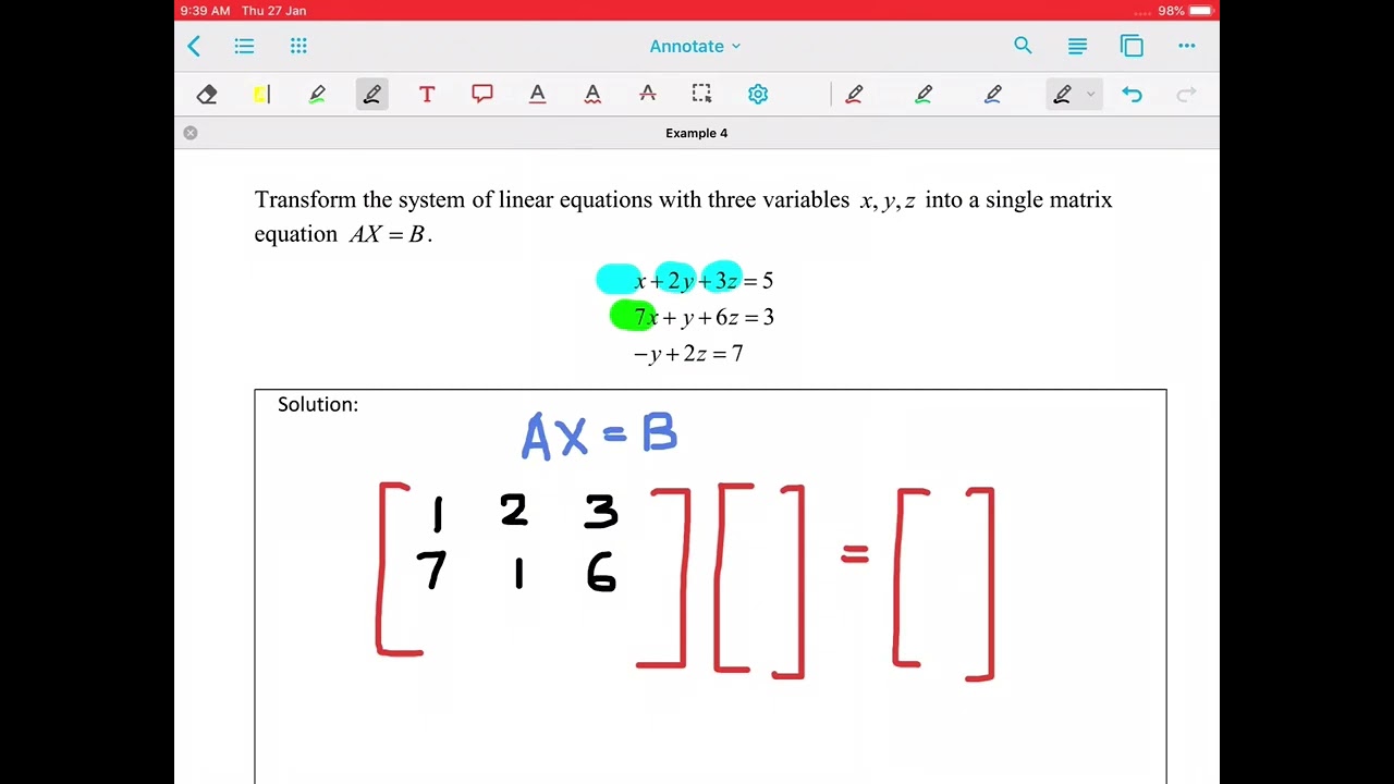Express a system of linear equations in the form of AX=B