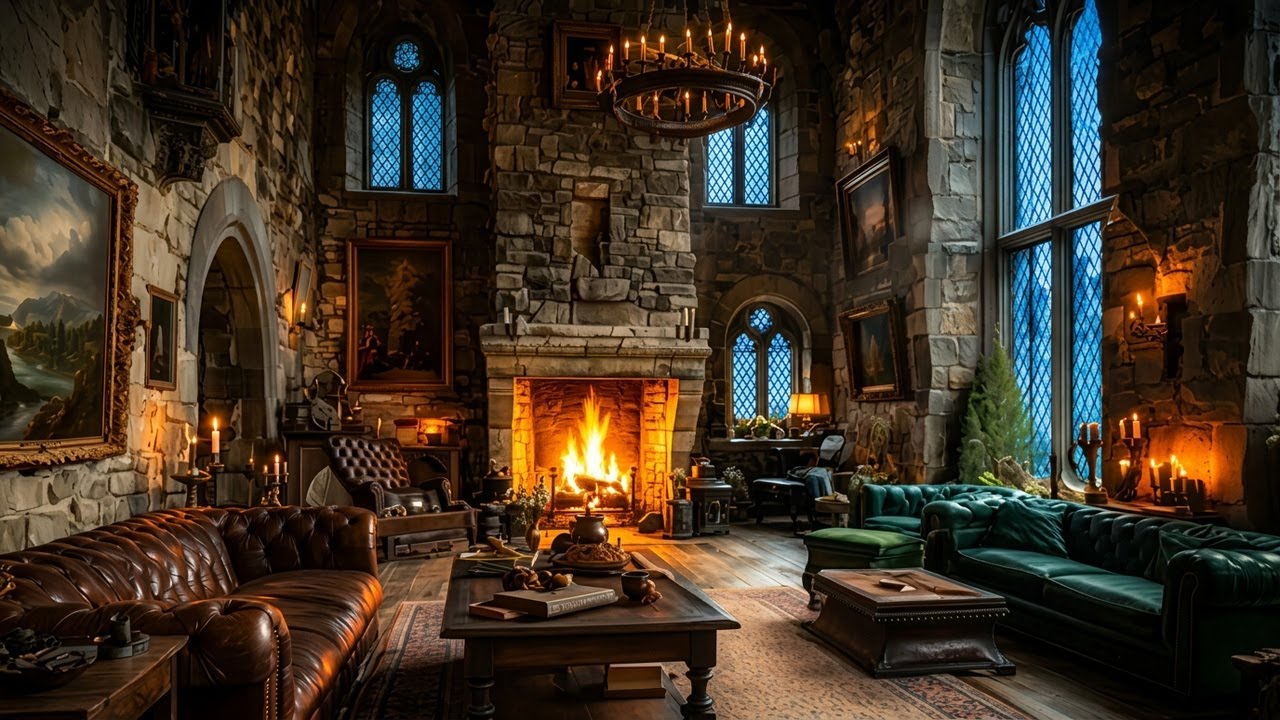 🔥 Luxury Castle Fireplace Ambience | Real Fire Burning in Grand Stone Hall (4K, NO ADS)