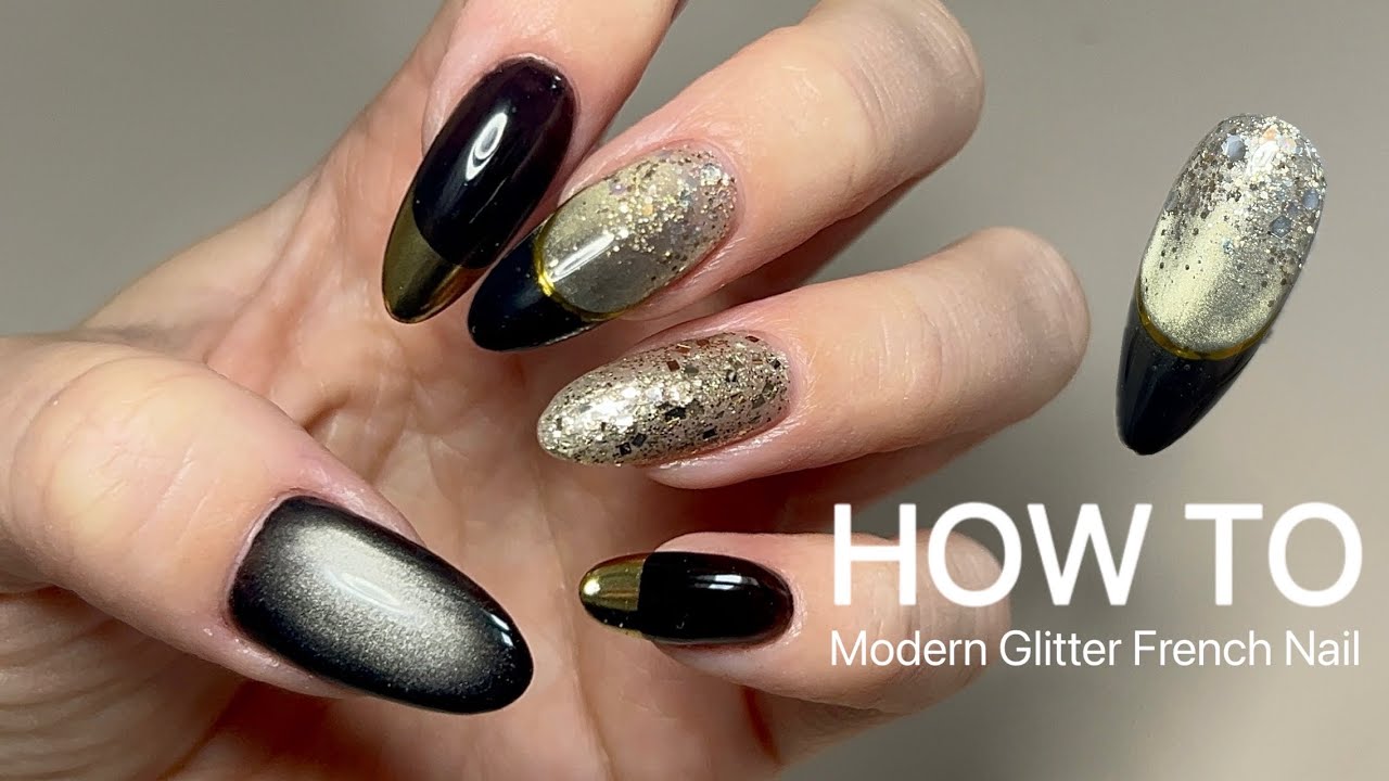 Elegant Black & Gold Cat Eye Nails ✨ Glitter Gradient French Gel Nail Tutorial