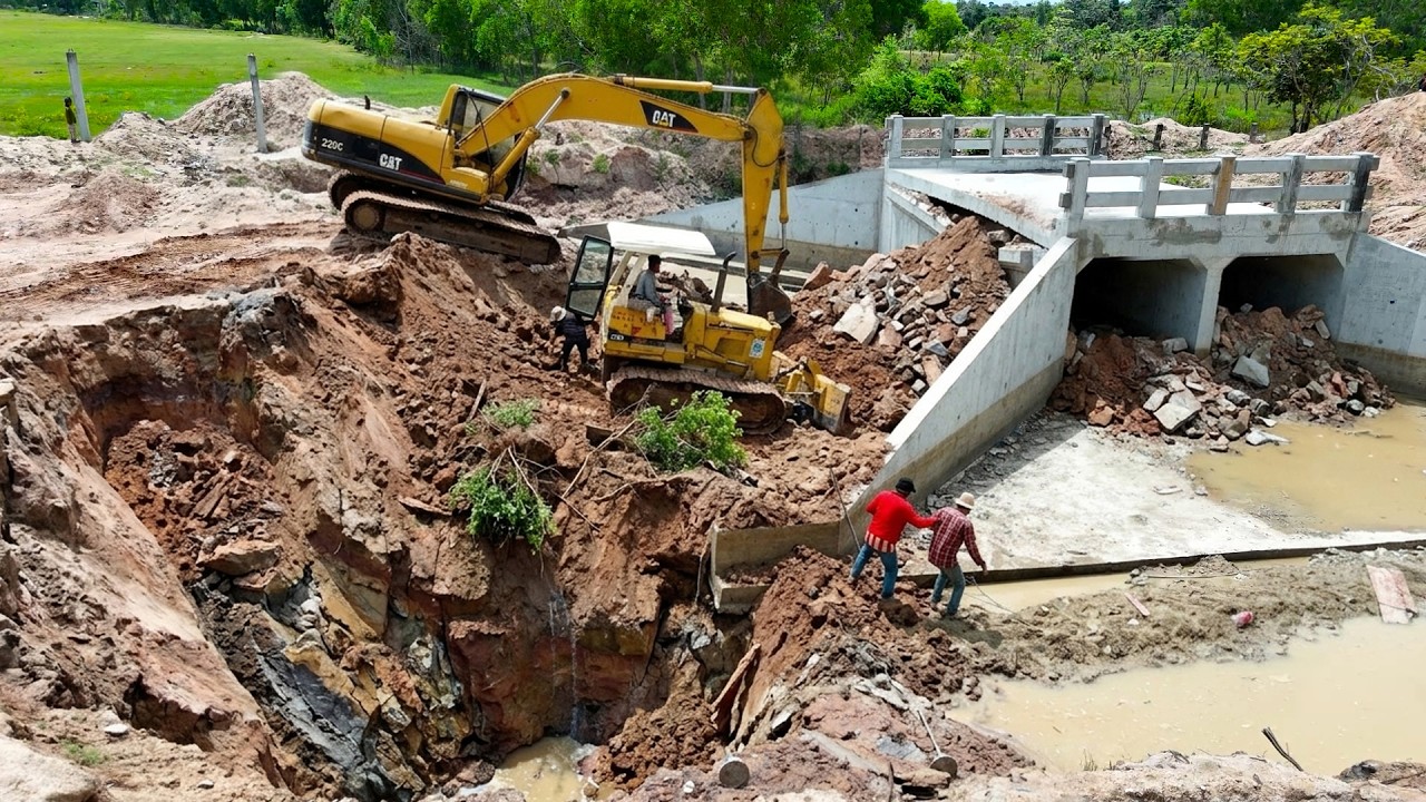 Starting Project Landfill Bury Bridge Foundation By Bulldozer, Excavator Work Cooperation Carefully