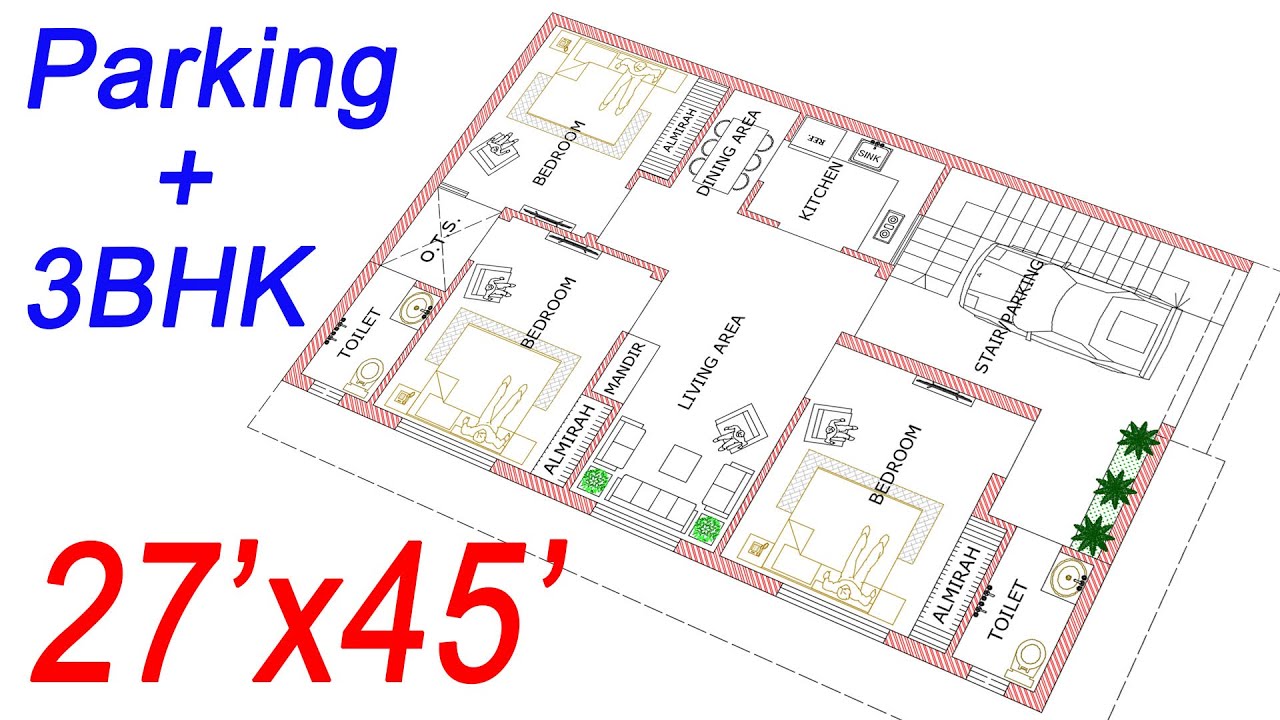 27X45 House Plan | 135 Gaj House design | 3BHK House | East Facing | 27 by 45 house plan | 1215 Sqft