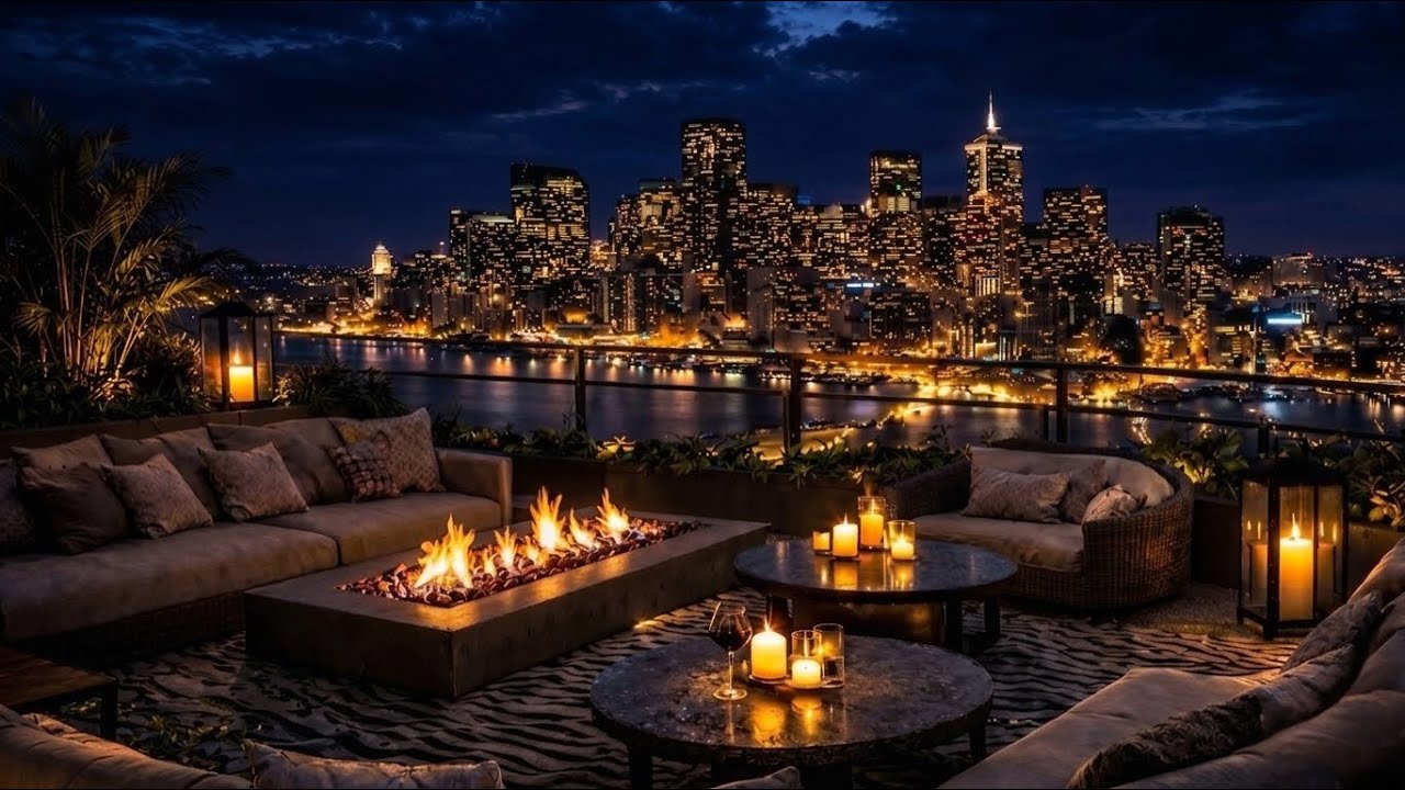 Luxury Rooftop City Jazz Ambience 🌆🔥 Cozy Fireplace • Night City Views