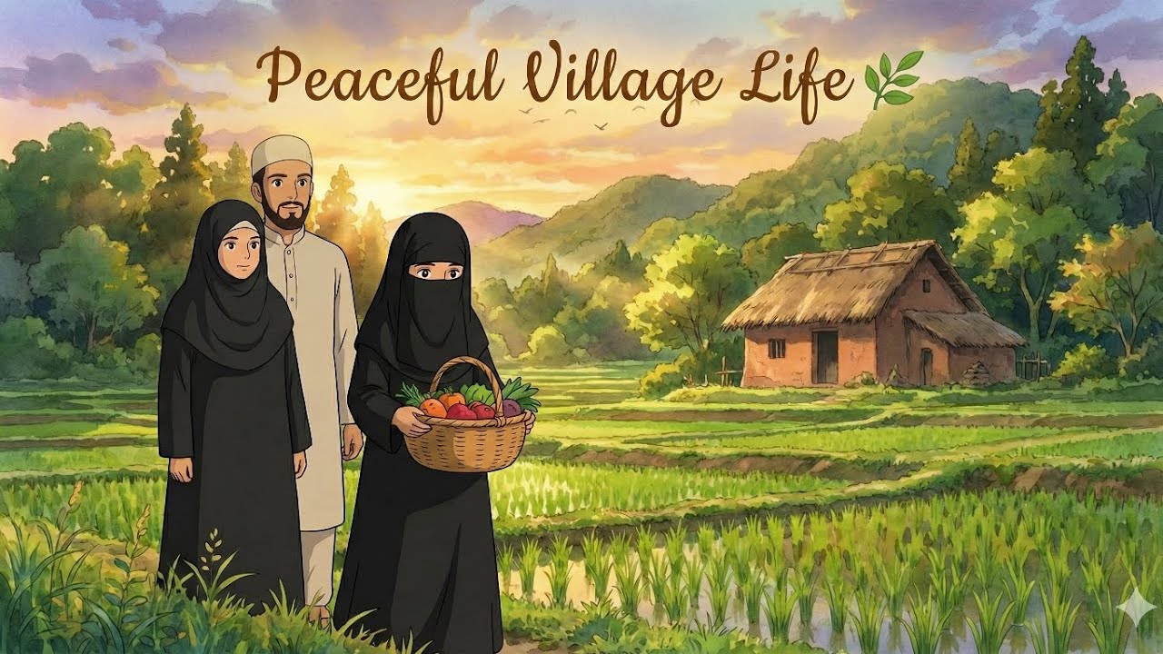 A Peaceful Day in a Village Muslim Family. Ghibli Style Animation.