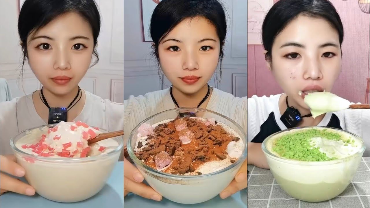 ASMR MUKBANG - Bowl Of YOGURT (MATCHA, COCOA, STRAWBERRY) |MUKBANG SOUNDS#asmr#cake#trending#chinese