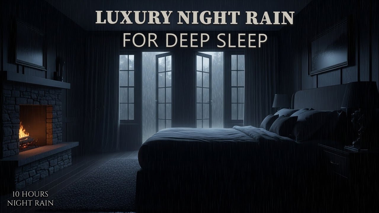 Dark Luxury Forest Bedroom with Night Rain & Fireplace Sounds, 10 Hours Deep Sleep Ambience