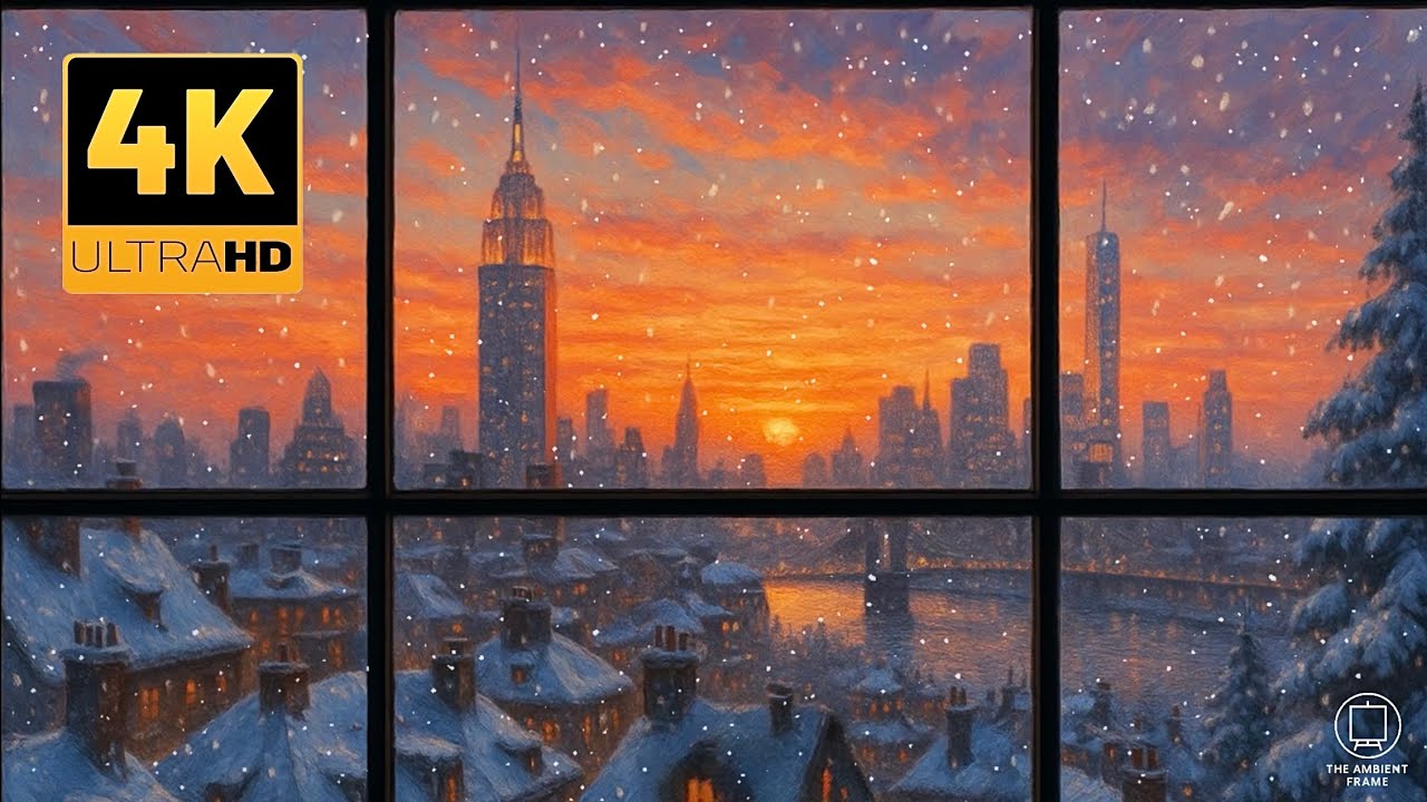 Christmas Winter Window #8 - New York Snowy Sunset | 30 Minutes 4K TV Art