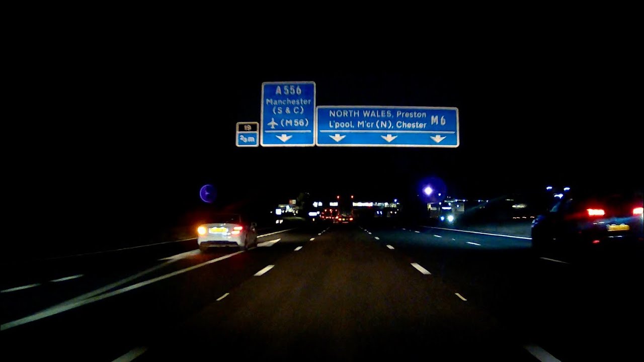M6 motorway at night, J16 Barthomley Interchange to J20 Lymm, Cheshire - 19/12/23 // dashcam footage