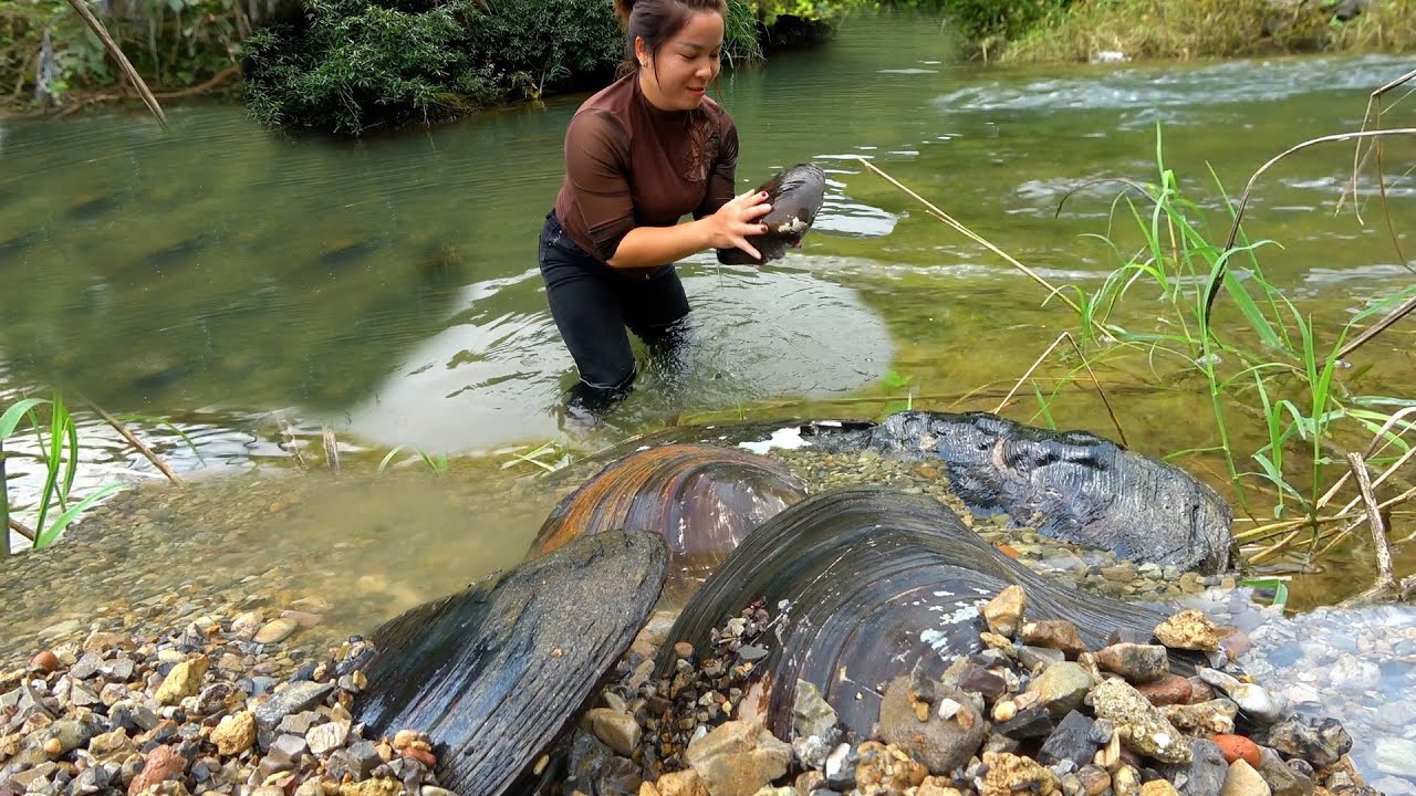 😱😱The clam king in the river surfaced, and the beauty grabbed it away. Wow, that golden pearl