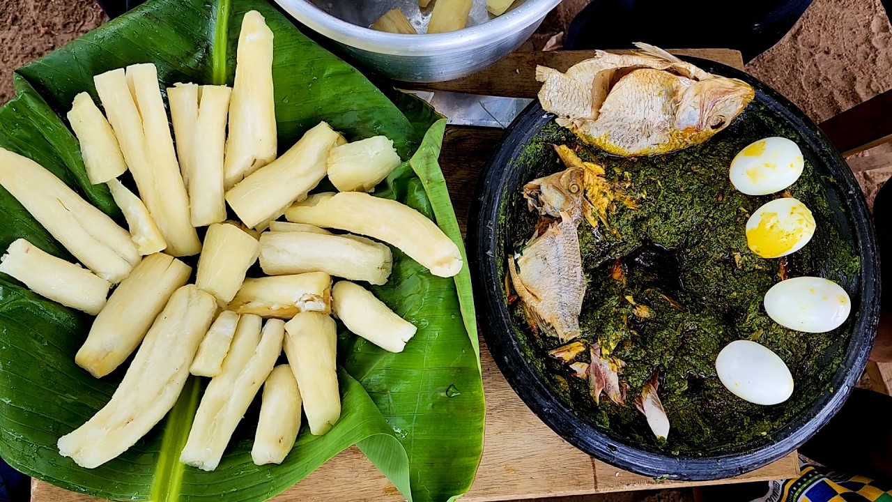 How Grandpa Prepared Organic Made In Ghana Kontomire / Taro Leaves Abomu With Ampesi In The Village